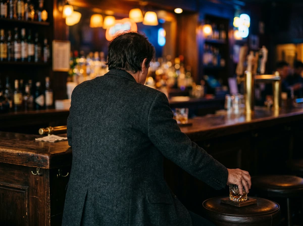 A person sits at the bar seen from behind, reaching for a drink on the counter.