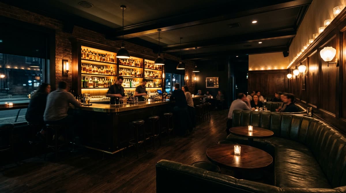 Wide view of a dimly lit cocktail lounge with backlit bottle shelves and booth seating.