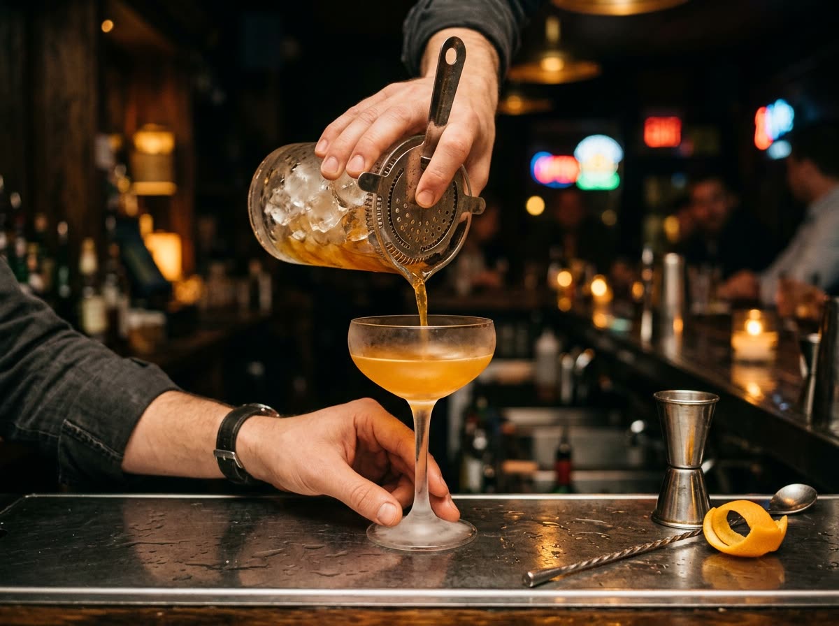 Close view of hands straining a cocktail from a mixing glass into a coupe.