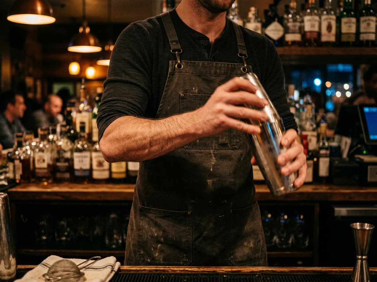 A bartender shakes a cocktail tin behind the bar with the head out of frame.