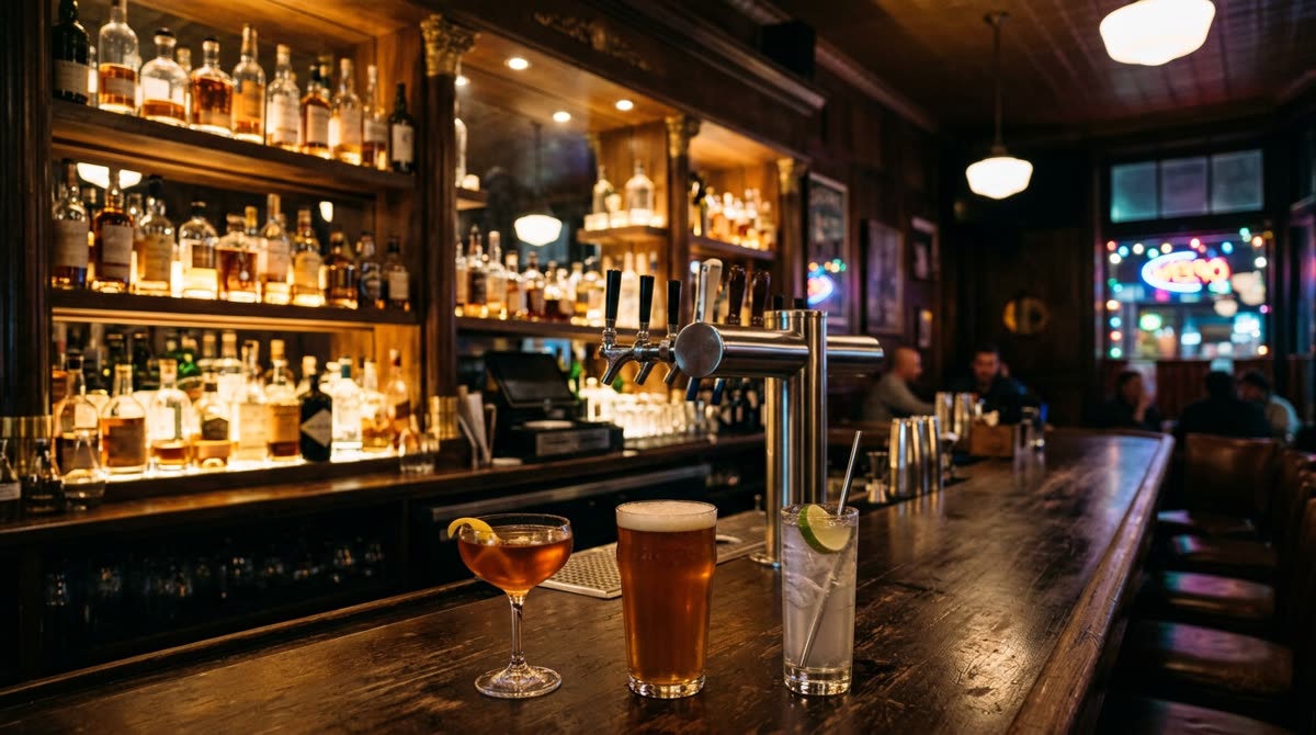 Wide view of a backbar wall of bottles and a draft tower with three drinks on the counter.