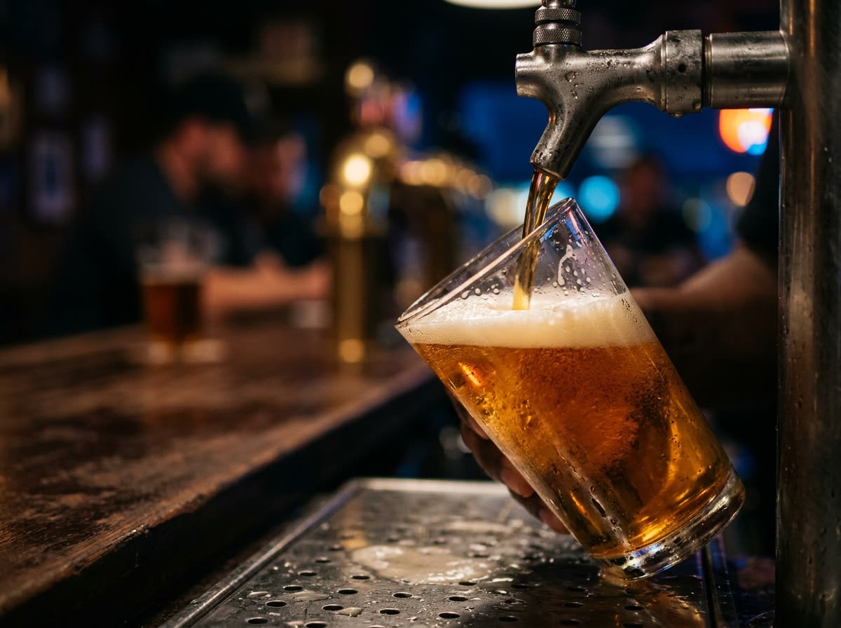 Close view of beer pouring from a tap into a tilted glass with foam rising.