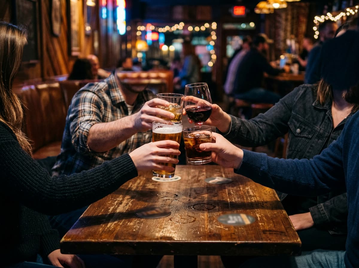 People raise their glasses together in a toast with their faces above the frame.
