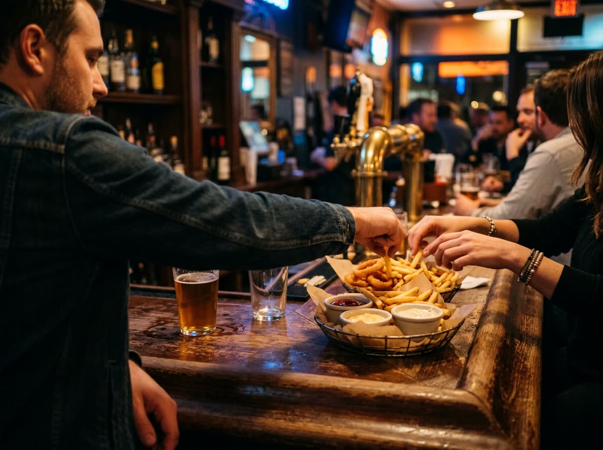 A person reaches across the bar toward a shared basket, seen over the shoulder.
