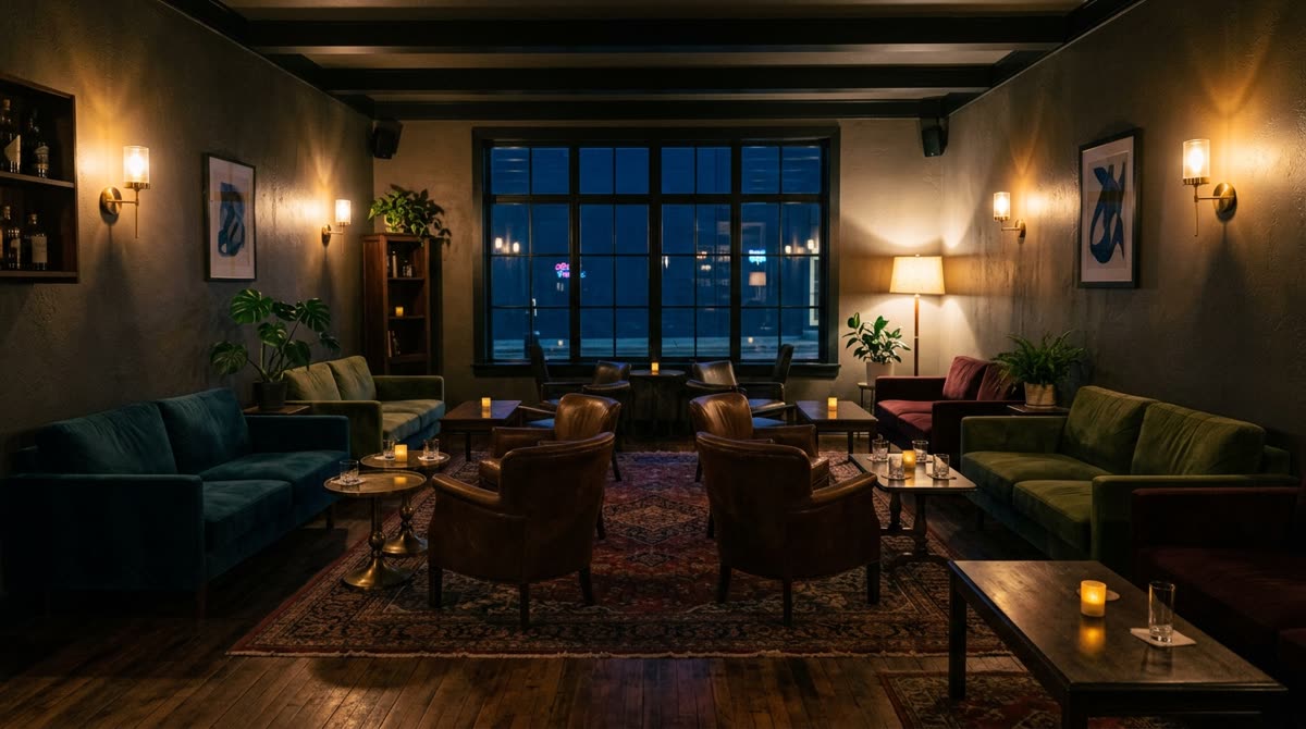 Wide view of a lounge with low velvet sofas, low tables and warm wall sconces.