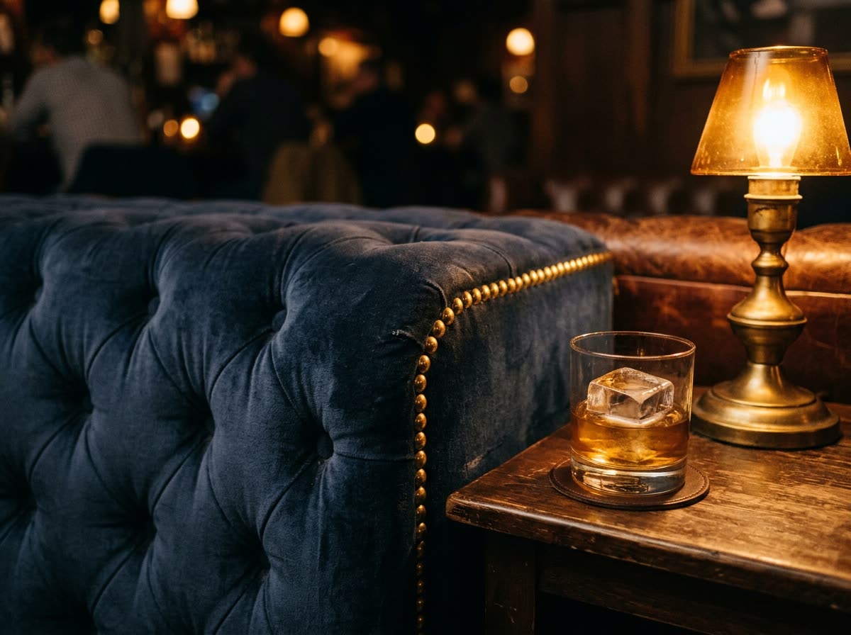 Close view of a tufted banquette corner with a lowball glass on a side table.