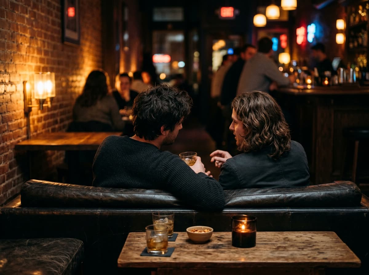 Two people sit talking on a lounge sofa, seen from behind.