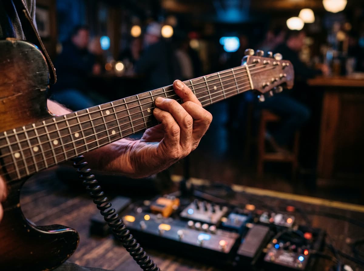 Close view of a guitarist's hand on the fretboard with cables and pedals below.