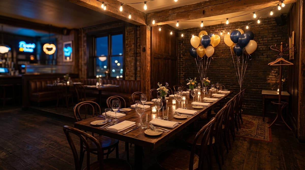 Wide view of a reserved bar area with a long table, chairs and glassware set out.