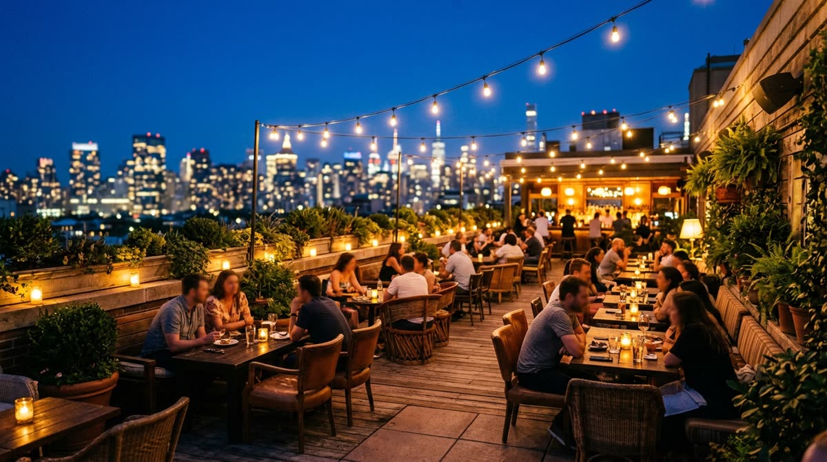 Wide view of a rooftop terrace at dusk with string lights, patio seats and a blurred skyline.