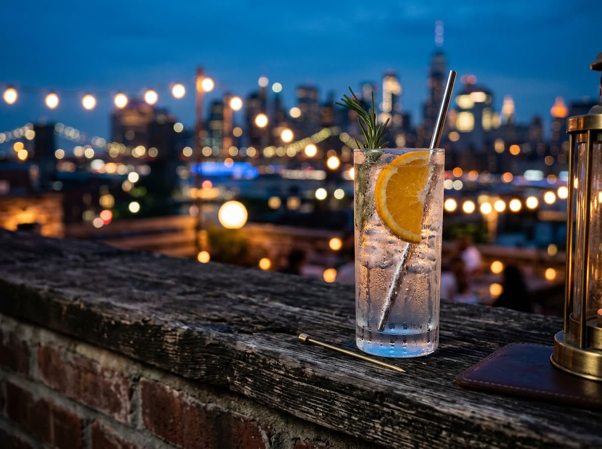 Close view of a cold cocktail on a rooftop ledge with string-light bokeh behind.