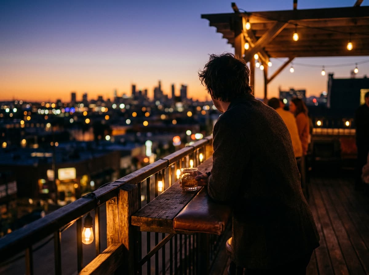 A person leans on a rooftop railing holding a drink, back to the camera.
